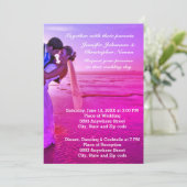 Bride & Groom Paarse Sunset Beach Weddenschap Invi Kaart (Staand voorkant)