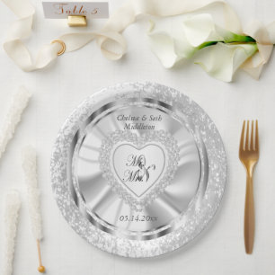 Bride & Groom Satin en Silver Wedding Papieren Bordje