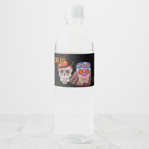 Bride & Groom Sugar Skulls TIl Death Do US Party Waterfles Etiket