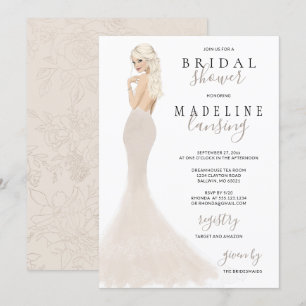 Bride in Champagne Lace Gown Vrijgezellenfeest Inv Kaart