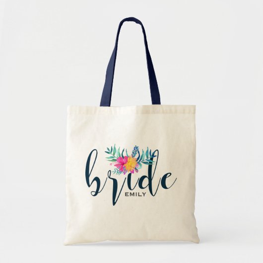 Bride-moderne blauwe typografie & Floral Accent Tote Bag (Voorkant)