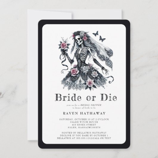 Bride or Die Gothic Floral Skeleton Vrijgezellenfe Kaart (Voorkant)