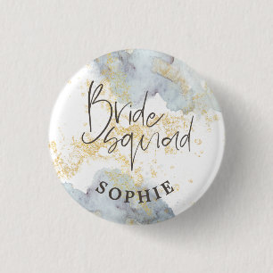 Bride Squad Blue Ombre Waterverf Gold Splash Naam Ronde Button 3,2 Cm
