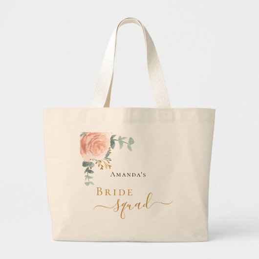 Bride squad roos goudflorale eucalyptusgroen grote tote bag (Voorkant)