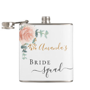 Bride squad roze florale eucalyptus bachelorette heupfles