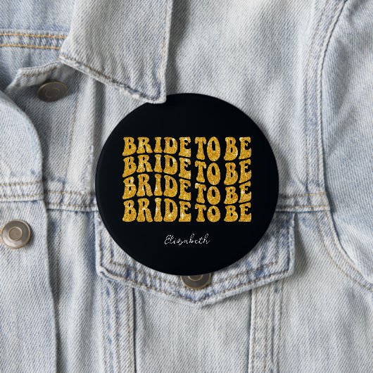 Bride to Be Gold Glitter Tekst met Naam, Zwart Ronde Button 4,0 Cm (In situ)