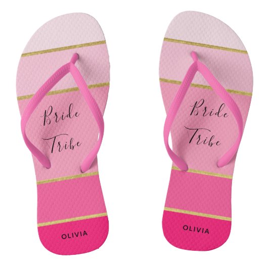 Bride Tribe - Aangepaste roze & goudstrips Teenslippers (Voetbed)