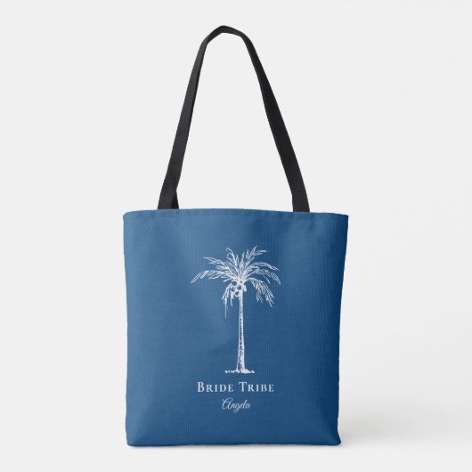 Bride Tribe Blue White Palm Tree Aangepast Draagtas (Achterkant)