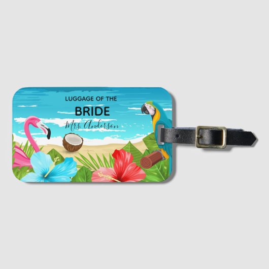 Bride tropical honeymoon strand flamingo zee bagagelabel (Voorkant (horizontaal))