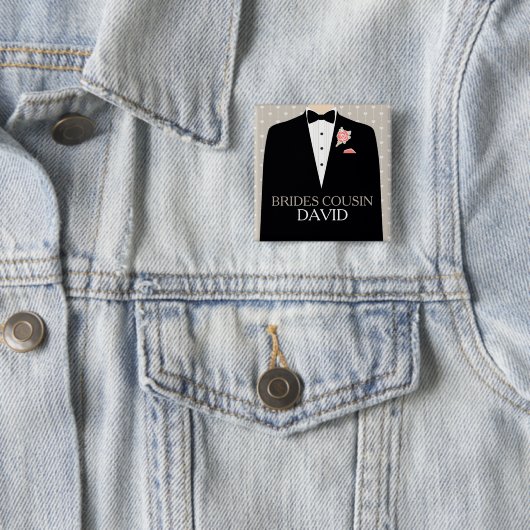 Brides Cousin tuxedo name bruiloft pin button (In situ)