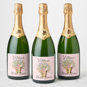 Bride's enorme Wildflower boeket Vrijgezellenfeest Sparkling Wijnetiket