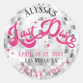 Bride's Last Disco Ball Bachelorette Party Favorie Ronde Sticker (Voorkant)