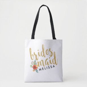 Brides Maid Gold Glitter Script Text Draagtas