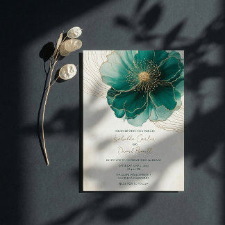 Bride's Teal Floral Gold Wedding Invitation Card Kaart