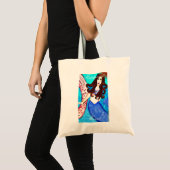 Bridesmaid brunette blue-tail mermaid tote bag (Voorkant (product))