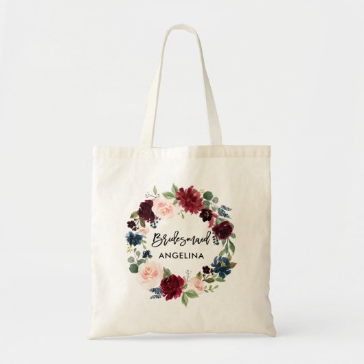 Bridesmaid Burgundy Blue Floral van het script in  Tote Bag (Voorkant)