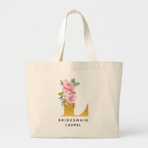 Bridesmaid Floral Pink Gold Monogram Letter L Grote Tote Bag