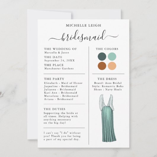 Bridesmaid Info Kaart Details Blauwgroen, Terracot (Voorkant)