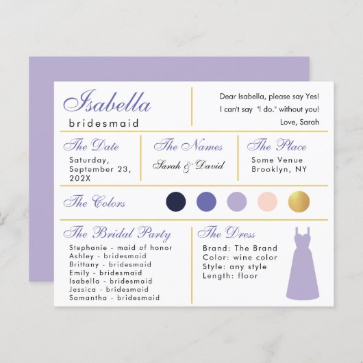 Bridesmaid Information Kaart Lavender Paars Gold (Voorkant / Achterkant)