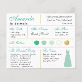 Bridesmaid Information Kaart Mint Green Faux Gold (Voorkant)