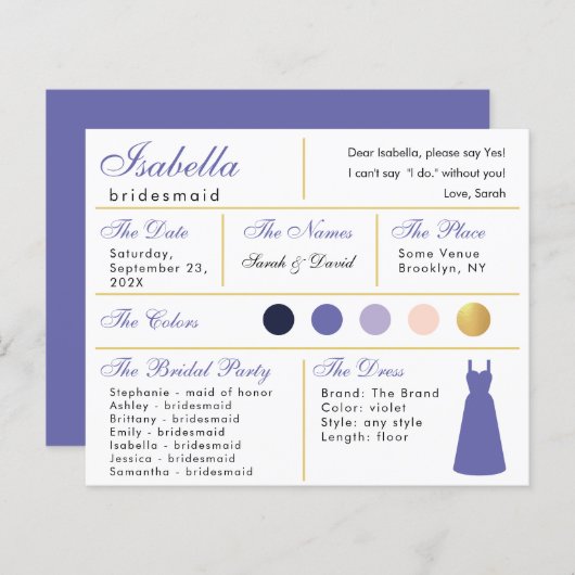 Bridesmaid Information Kaart Violet Paars Gold (Voorkant / Achterkant)