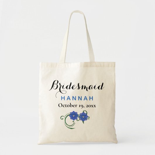 Bridesmaid Modern Typography Blue Flowers Wedding Tote Bag (Voorkant)