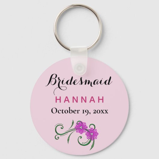 Bridesmaid Modern Typography Pink Flowers Wedding Sleutelhanger (Voorkant)