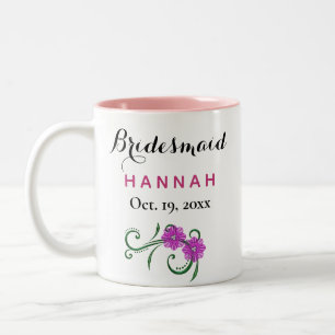Bridesmaid Modern Typography Pink Flowers Wedding Tweekleurige Koffiemok