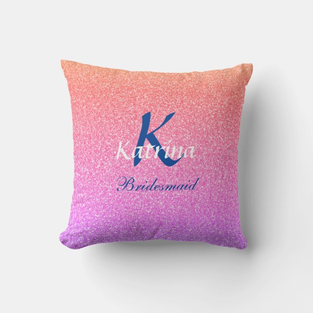 Bridesmaid Monogram Initiaal Naam Roos Gold Glitte Kussen (Voorkant)