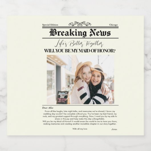 Bridesmaid Proposal Newspaper Cover 1 Photo Sparkling Wijnetiket (Enkel label)