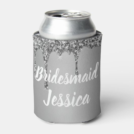 Bridesmaid Silver Drip Glitter Elegant Weddings Blikjeskoeler (Blikje Voorkant)