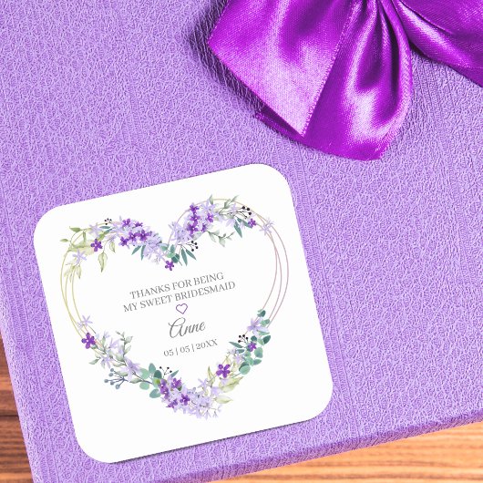 Bridesmaïde Waterverf Floral Heart in Paars Vierkante Sticker
