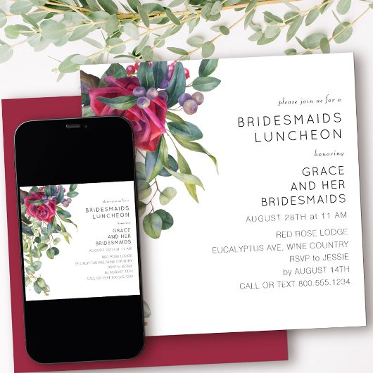 Bridesmaids Luncheon Red Rose en Eucalyptus Kaart