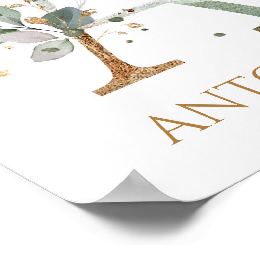 Brief A Monogram Groen goudbladerblad Nursery Poster (Hoek)