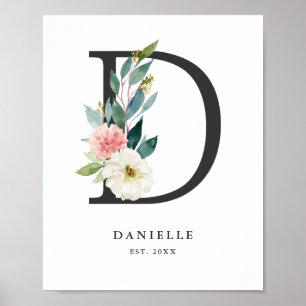 Brief D Monogram Waterverf Perzik Florals Nursery Poster