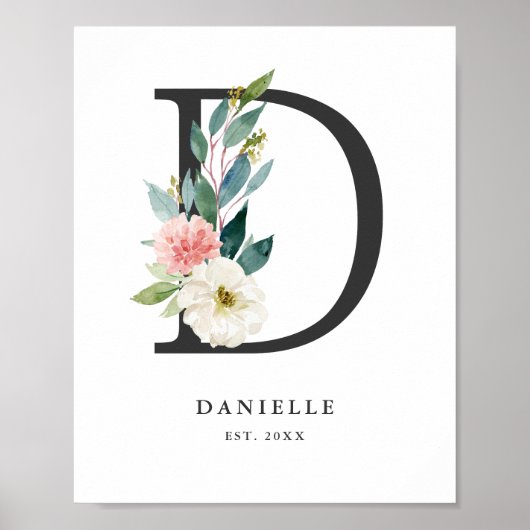 Brief D Monogram Waterverf Perzik Florals Nursery Poster (Voorkant)