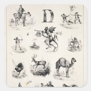 Brief D van een alfabet primer, 1832 Vierkante Sticker