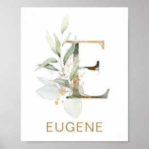 Brief E Monogram Groen goudbladerblad Nursery Poster