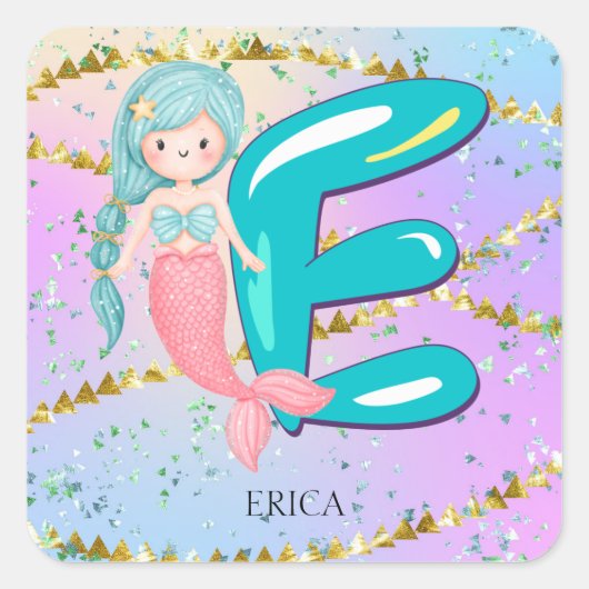Brief E Monogram Waterverf Cute Mermaid Nursery Vierkante Sticker (Voorkant)