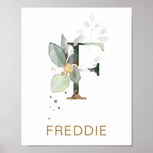 Brief F Monogram Groen goudbladerblad Nursery Poster (Voorkant)