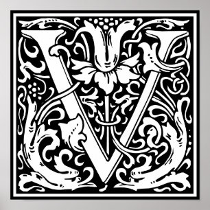 Brief Floral alphabet Monogram V Poster