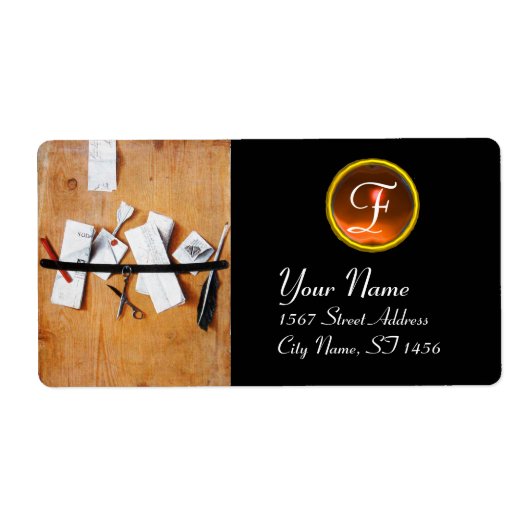 BRIEF-HOUDER IN HOUTMONOGRAM, oranje zwart gegolfd Etiket (Voorkant)