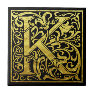 Brief K Eerste letter Faux Gold Black Tegeltje