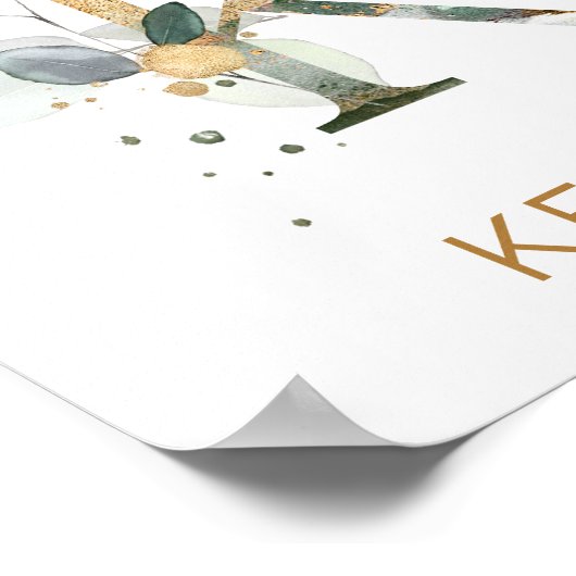Brief K Monogram Groen goudbladerblad Nursery Poster (Hoek)