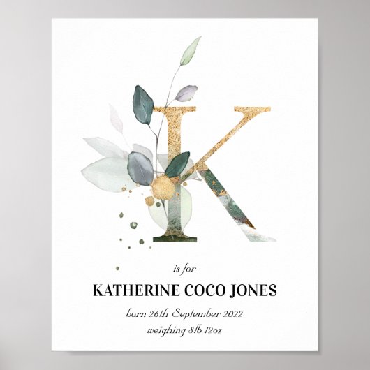 Brief K Nieuwe babymonogram Birth Print Greenery (Voorkant)