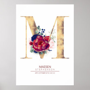 Brief M Monogram Floral Navy Blue en Burgundy Poster