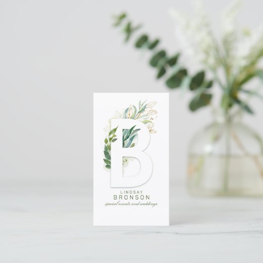 Brief Monogram Gold Greenery Leaves Elegant Visitekaartje (Staand voorkant)