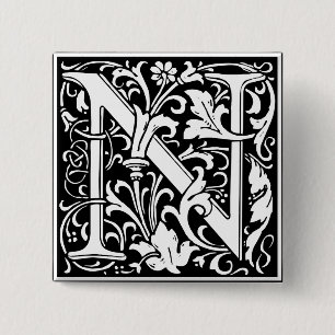 Brief N Middeleeuws Monogram Art Nouveau Vierkante Button 5,1 Cm
