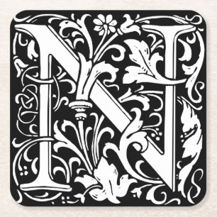 Brief N Middeleeuws Monogram Art Nouveau Vierkante Kartonnen Onderzetter