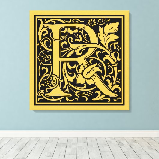 Brief R Middeleeuws Monogram Art Nouveau Canvas Afdruk (Insitu (Houten vloer))